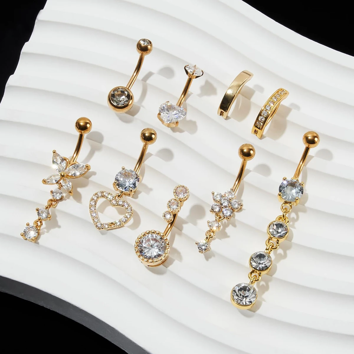 9PCS Belly Button Ring Dangle Stainless Steel Belly Rings Delicate Piercing Sexy Navel Nail for Women Shiny Zircon Body Jewelry