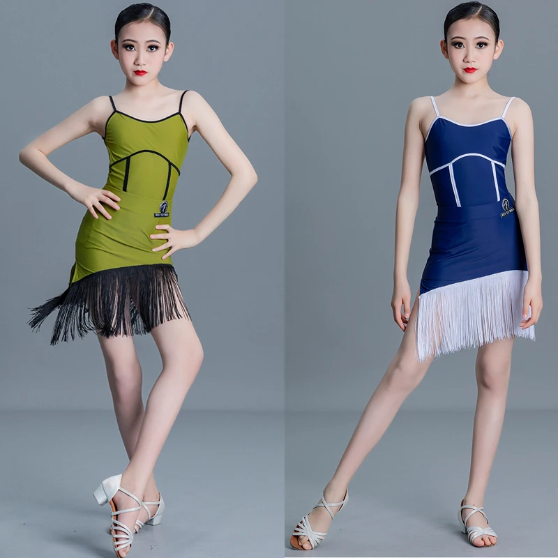 

Green Blue Sleeveless Latin Dance Dress Girls Latin Top Tassels Skirt Stage Kids Salsa Tango Chacha Ballroom Dancewear SL8359