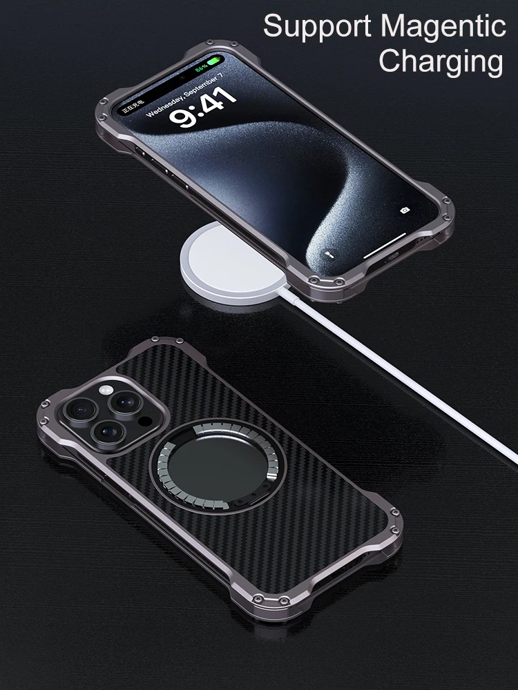 R-just Metal Carbon Fiber Case For Iphone 15 16 14 13 Pro Max Cover Lightweight Aluminum Alloy Funda Coque Built-in Holder Ring 3