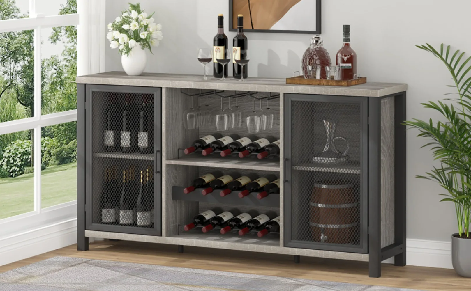 IBF Rustic Liquor Bar Cabinet, Sideboard Buffet Cabinet with Wine Rack Storage