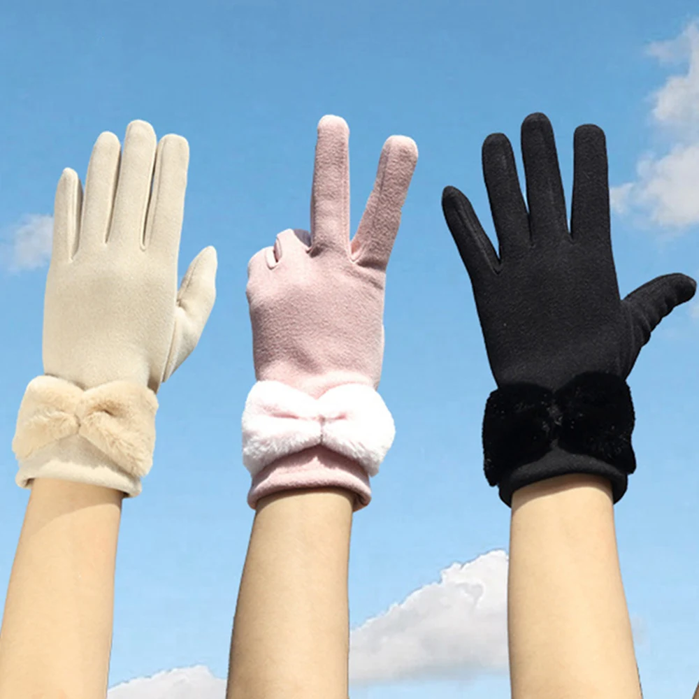 

Women Plush Stretch Gloves Furry Warm Full Finger Mittens Bow-knot Touch Screen Gloves Outdoor Sport Cycling Driving Gloves