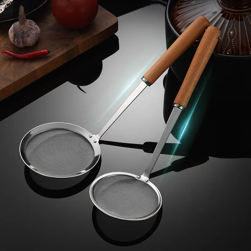 Stainless Steel Fine Mesh Strainers Filter Spoon Hot Pot Skimmer Ladle with Wooden Handle Frying Scoop Noodles Dumpling Sieve