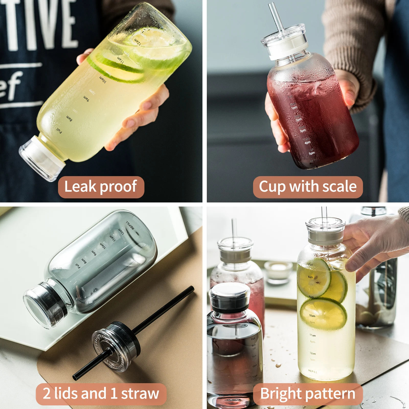 700ml/420ml Capacity Glass Water Bottle With Time Marker Cover For Water Drink