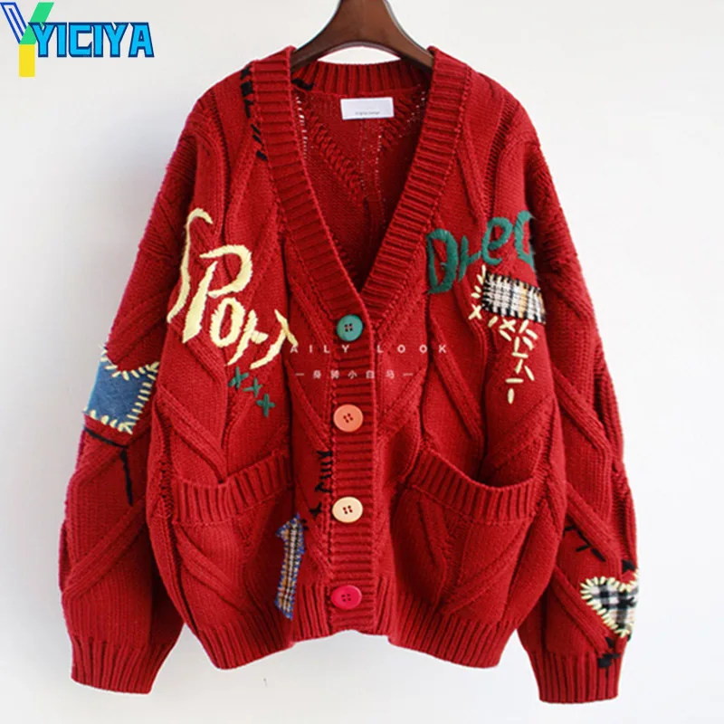 

YICIYA Christmas Cardigan sweater High quality Loose Fashion Letter Printed Women Knitted Thicken Plus Size Korean English Coat