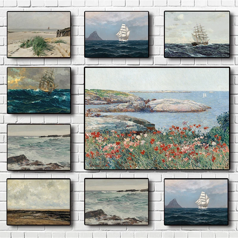 Vintage Seascape Barca A Vela Poster Coastal Poppies Beach Waves Canvas Painting Nautical Wall Art Picture Office Home Decor