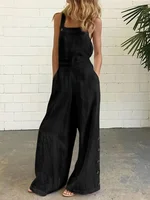 UOOZEE Women's Summer Linen Blend Wide Leg Sleeveless Jumpsuits High Waisted Loose Fit Buttoned Pockets Solid Color Romper - Image 4