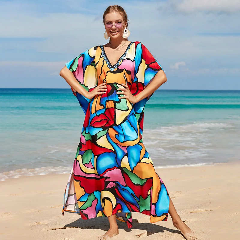 

New Women Kaftan Beach Dress Bikini Swimsuit Cover Ups Free Size Female Caftans Long Tunic Kimono Maxi Cotton Printed Loose