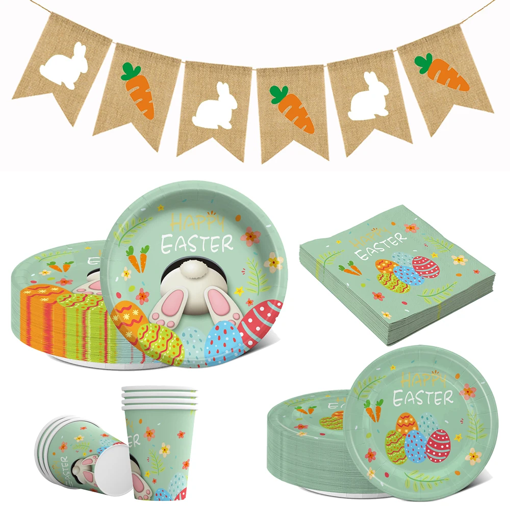 Ostern Party Dekoration Geschirr Set Niedlichen Kaninchen Eier Drucken Grüne Pappteller Tassen Servietten Frohe Ostern Party Dekore Liefert