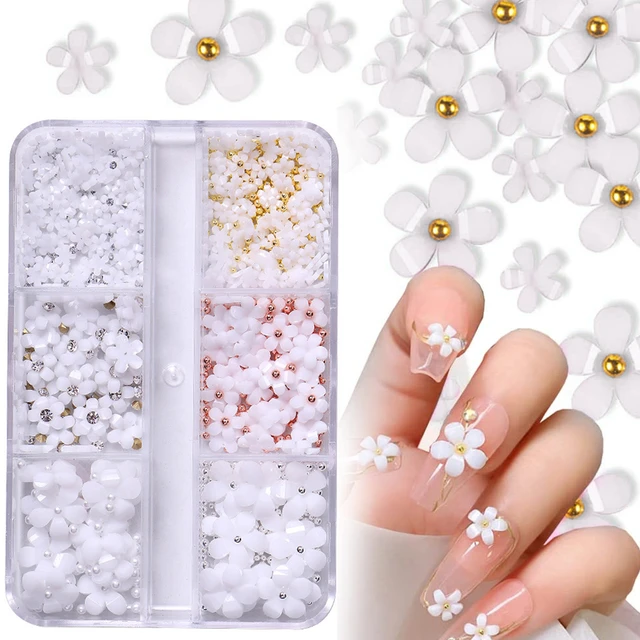 3d Flower Nail Charms For Acrylic Nails, 6 Grids 3d Nail Flowers Rhinestone