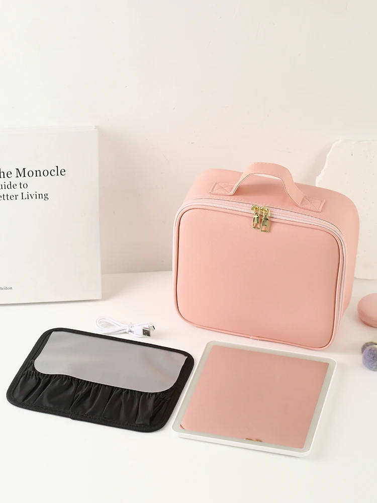 Borsa per il trucco con specchio Custodia da viaggio Organizzatore cosmetico illuminato Luci a LED a 3 colori Divisori regolabili e portaspazzole - immagine 5