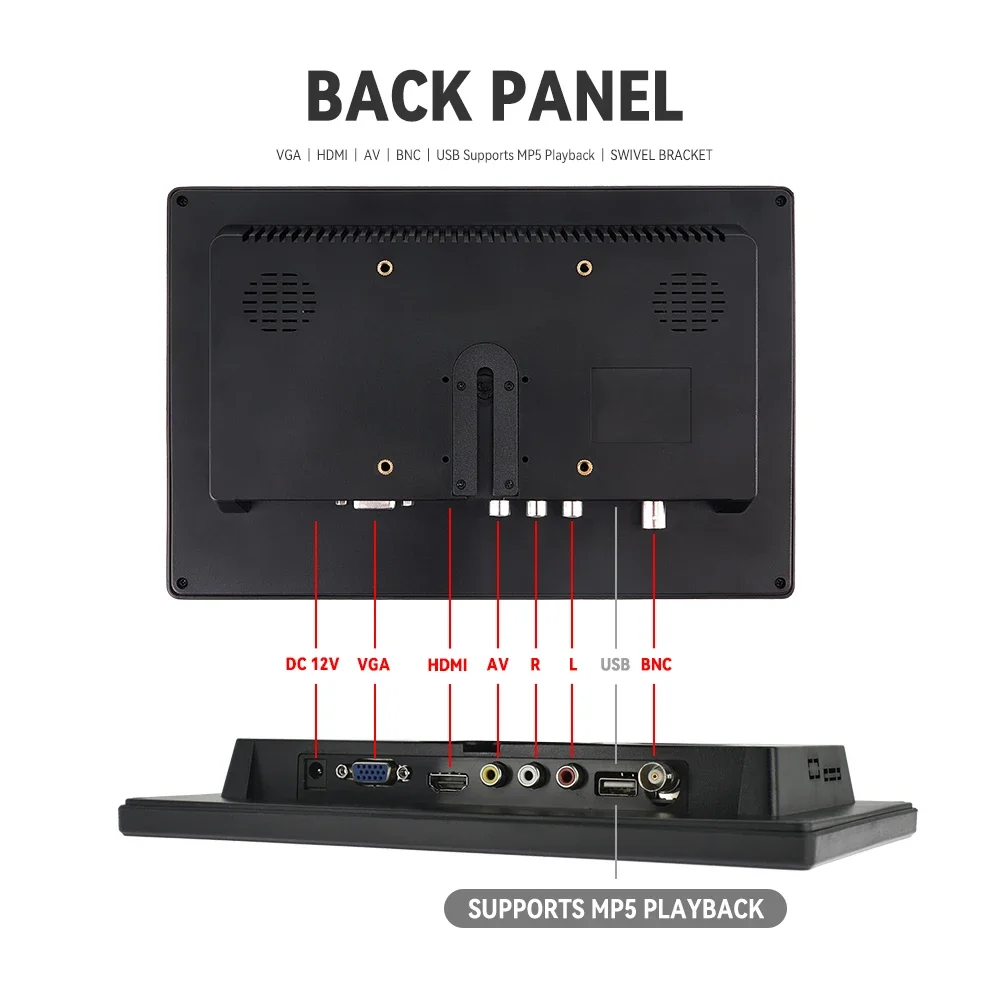 KTYDKP 10.1 인치 자동차 HDMI 모니터 (TV 컴퓨터 PC 디스플레이 용 VGA 포함) MP5 재생 용 USB 포트가있는 홈 보안 시스템 화면