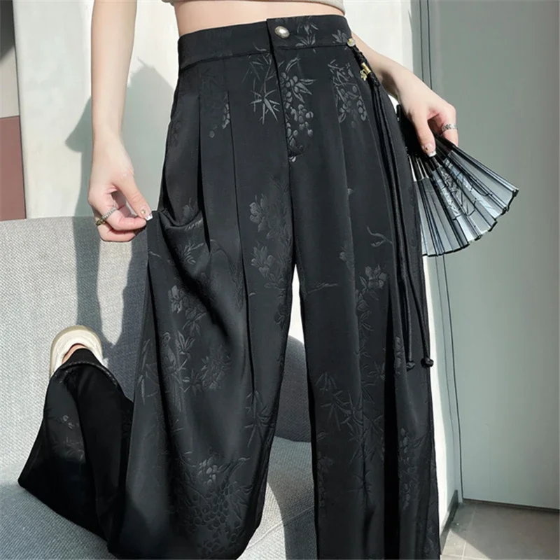 New Chinese Style Jacquard Wide Leg Satin Pants for Women