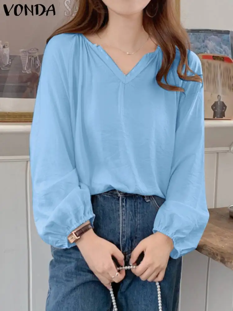 

VONDA Fashion Casual Women Spring Blouse Elegant Office Tops 2024 V-Neck Long Puff Sleeve Solid Color Loose Blusas Femininas