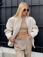 HH Women Fashion Oversized Solid Color Bomber Jacket Casual Pockets Long Sleeve Button Down Coat Female Chic Outerwear