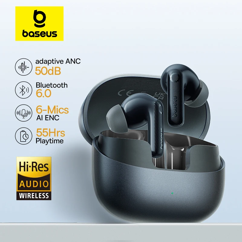 Audífonos Inalámbricos Baseus EP10 Pro ANC con Bluetooth 6.0, Cancelación de Ruido Adaptativa en Tiempo Real de 50dB, 6 Micrófonos, Alta Resolución LDAC, IP55