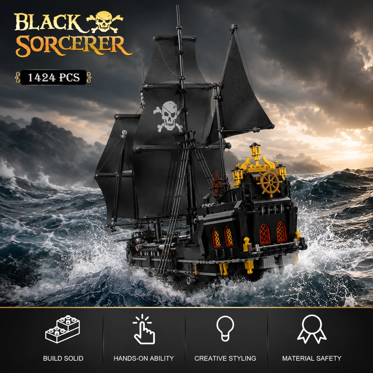 1424pcs Black Pirate Ship Building Blocks Skeleton Ghost Boat Model - Image 2