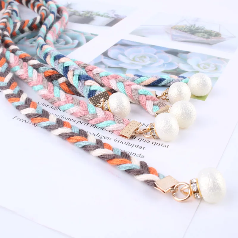 

Ladies Multicolour Pearl Knitted Twist Weaving Braided Belts for Women Corset Waist Bowknot Rope Female Cotton String Strap