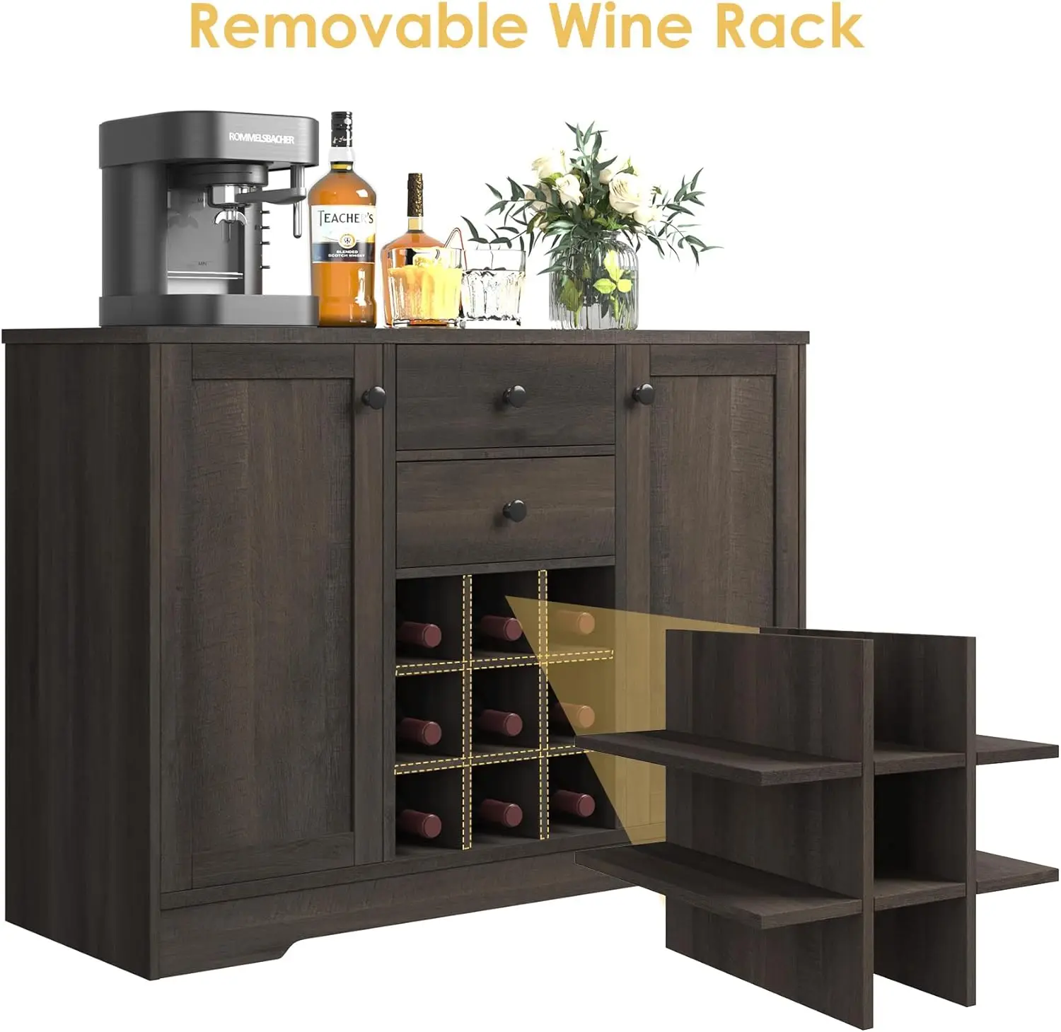 Buffet Sideboard Bar Cabinet with Storage, Farmhouse Coffee Bar Cabinet with 2 Drawers and Adjustable Shelves, 43.3&rsquo; Kitchen