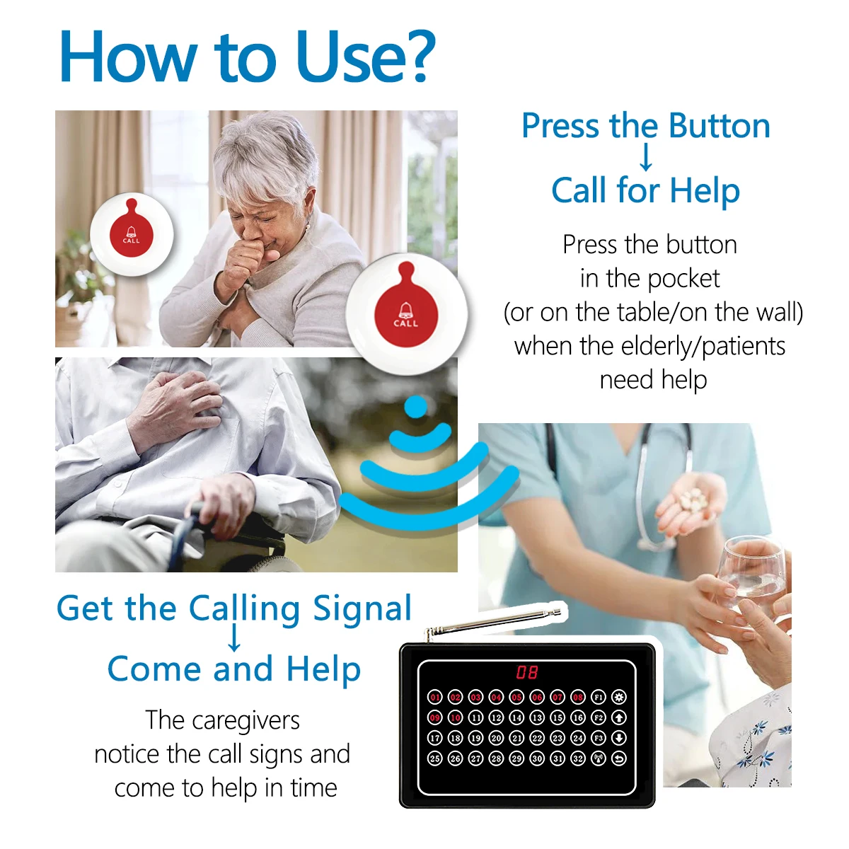 Wireless Calling System Nurse Call Hospital Bell Caregiver Pager For Clinic Nursing Home 1 Receiver 20 Call Button Transmitter Wireless Calling System