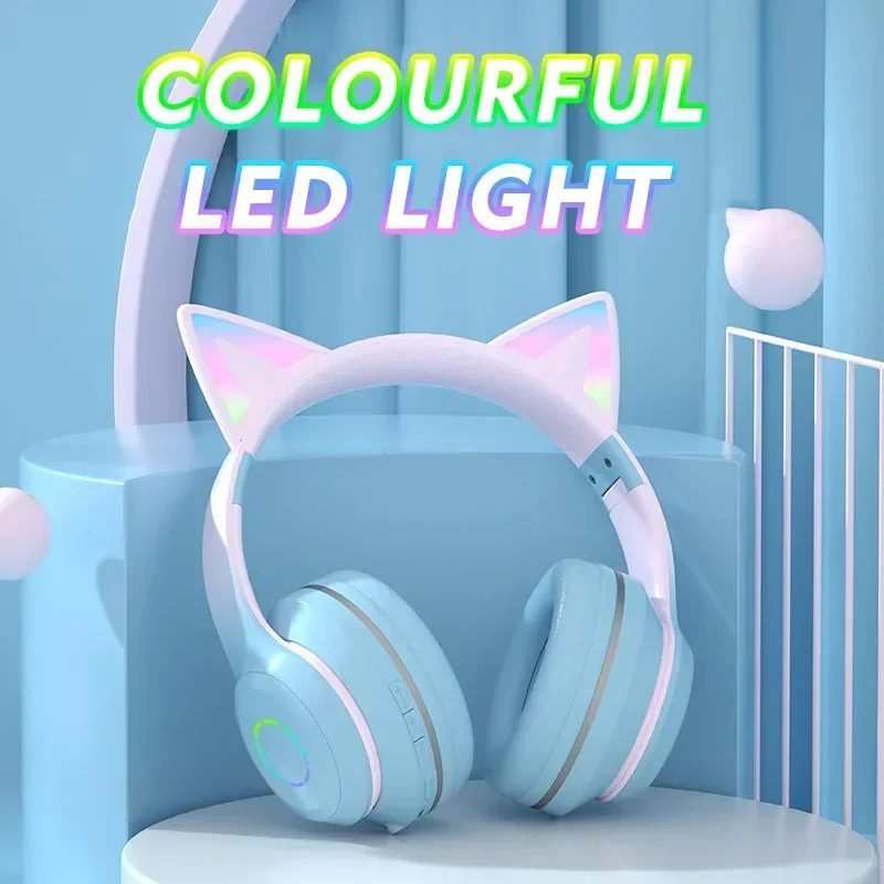 

Wireless Bluetooth Headset Foldable Music Gradient Color Flash Lovely Cat Ear with Mic Gamer Headphones Girls Christmas Gifts