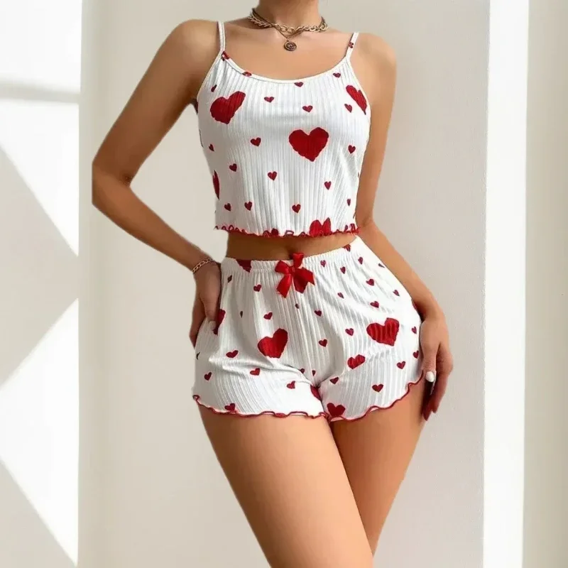 Women Pajamas Set Sleepwear 2 PCS Short Tank Tops And Shorts Set White Ventilate Soft Casual Love Printing Women Sleepwear women pajamas set women pajama suit