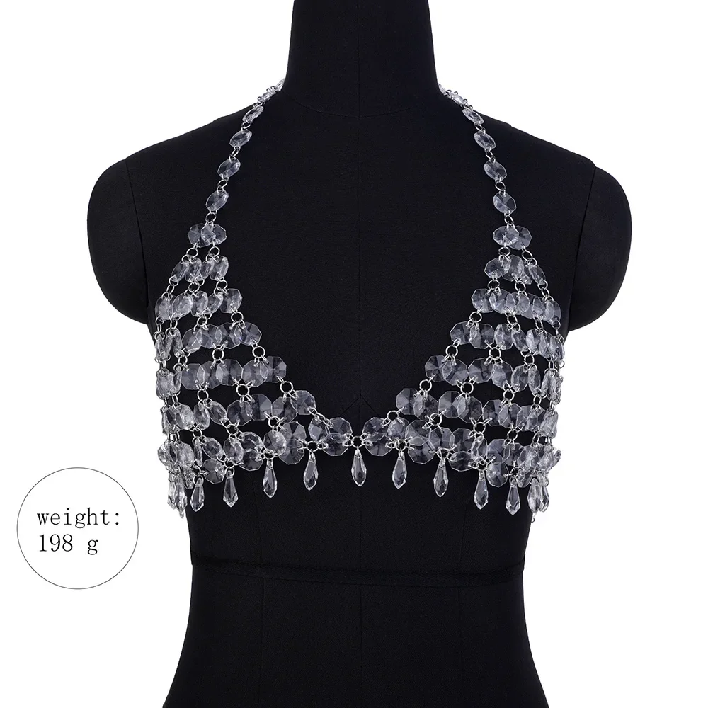 Sexy Metal Acrylic Sling Bra Chains Set Skirt for Women Glitter