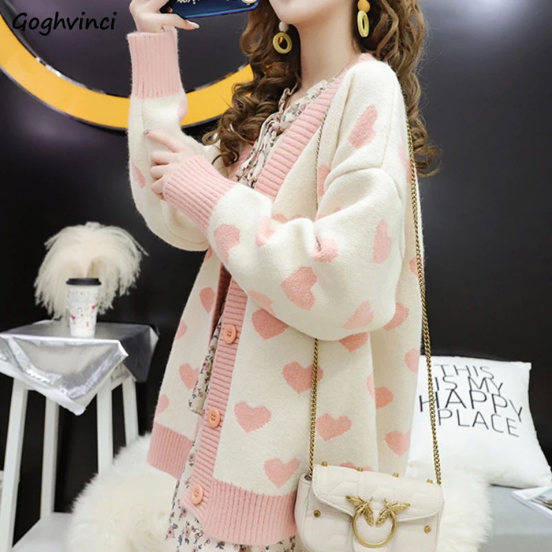 

Однобортный Кардиган, Женский жаккардовый модный шикарный подходящий ко всему трикотажный кардиган с сердечками в Корейском стиле Харадзюку, распространенная женская одежда