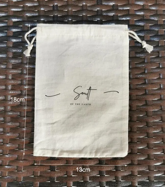 

100PCS Customised Logo 13x18cm Natural Cotton Bags Drawstring Pouches Printed With Black Logo