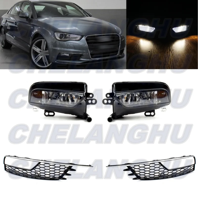 

For Audi A3 sedan 2013 2014 2015 2016 2017 1 Set Front Halogen Fog Lights Lamp+Grille Cover Car accessories