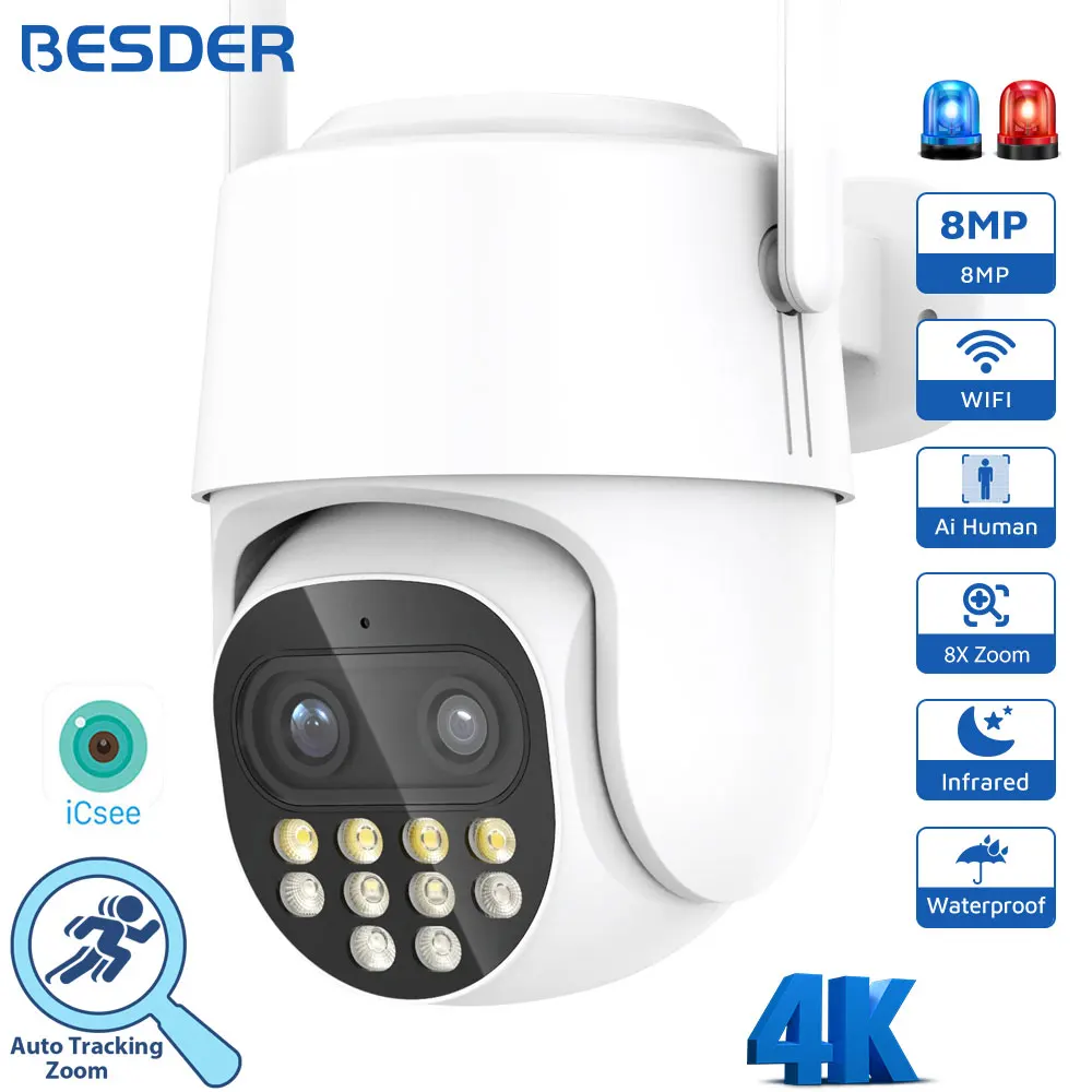 BESDER CCTV IP Camera 8MP Human Detection Outdoor PTZ Wifi Survalance Camera 4MP 8X Zoom Security Protection Cameras icsee app
