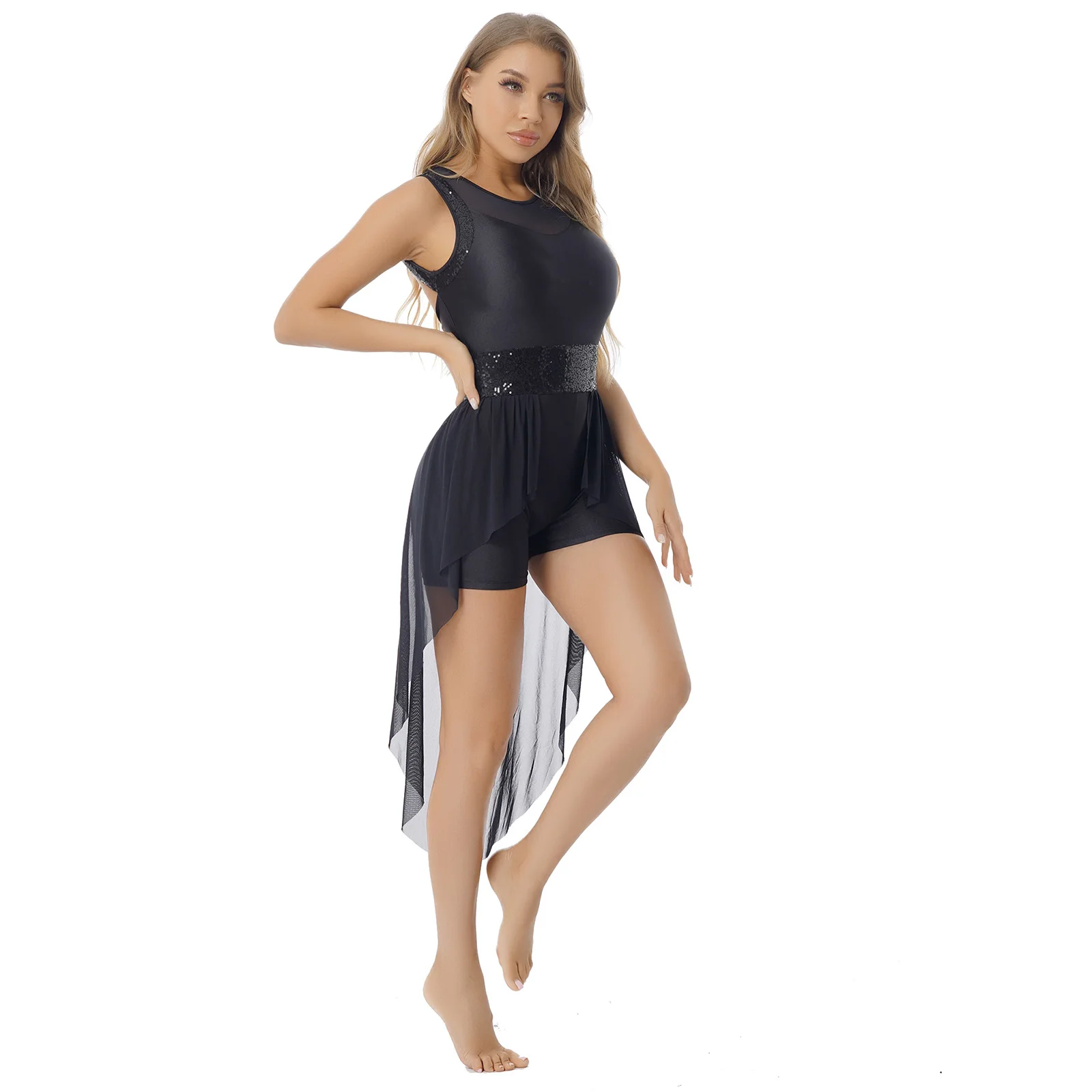 Women's Lyrical Dance Dress - Ballet Gymnastics Overlay Costume With Chiffon Skirt (Black, Size L)