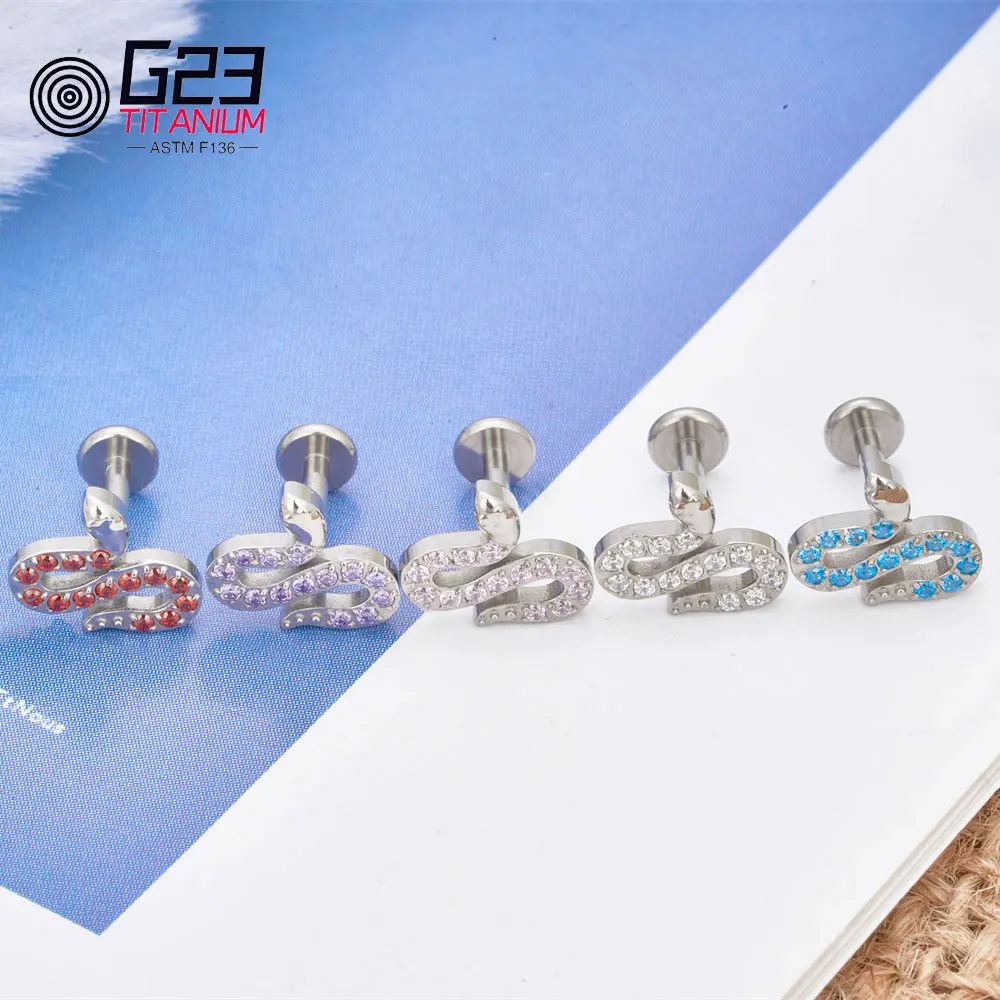 ASTM F136 Titanium 16G Snake Cubic Zirconia Nose Labret Stud Earring Tragus Conch Helix Cartilage Lobe Ear Piercing Body Jewelry