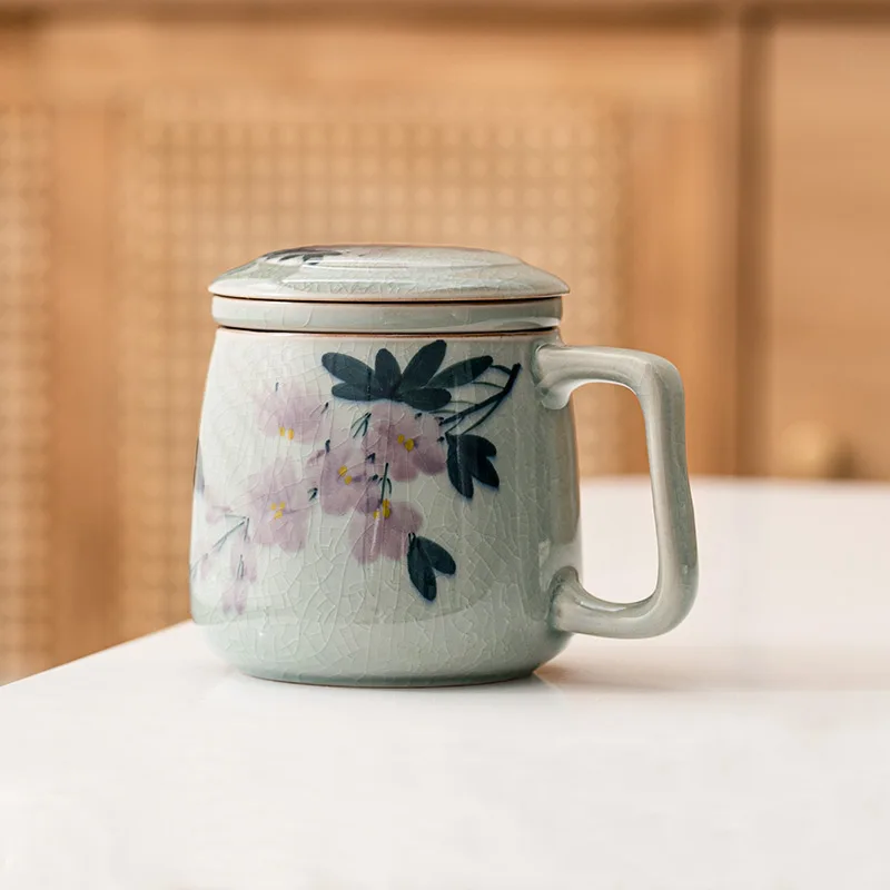 Chinese Style Tea Filtering and Separation Cups With Cover Personal Ice crack pattern Mug Home Drinkware Ceramic Office Cup, 1Pc
