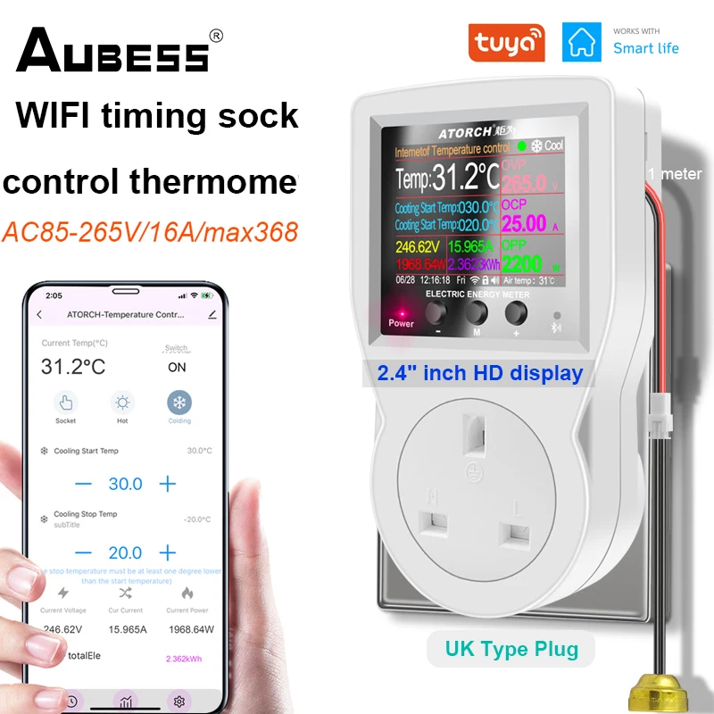Aubess S1 WIFI Smart Thermostat Socket Incubator Temperature Controller Outlet With Timer 10A/16A AC220V For Heating Cooling