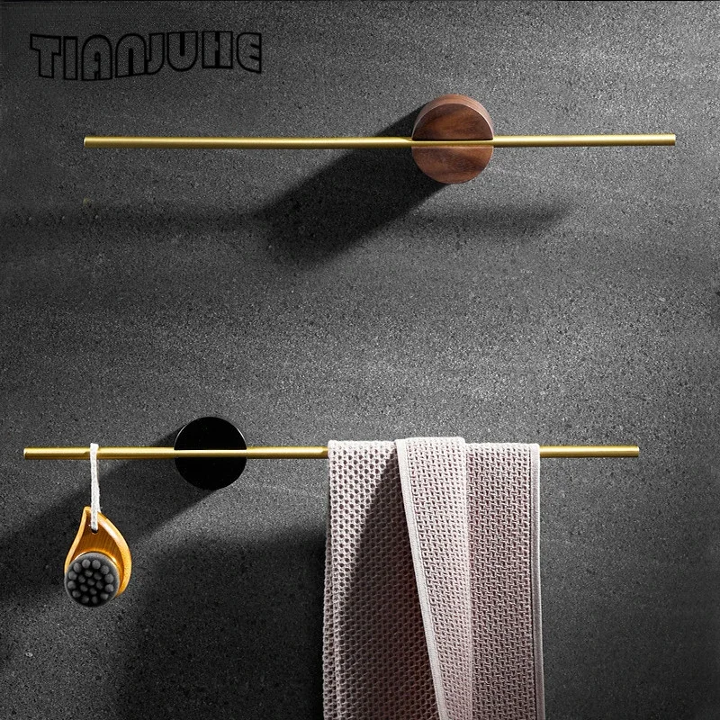 Toilet Paper Shoes Holder Accessories Brushed Gold Wood Towel Rack Bathroom Black Wall Mounted Movable Bath Bar Hanger