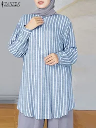 Vintage Autumn Long Sleeve Striped Blouse Women Casual Muslim Abaya Shirt 2023 ZANZEA Dubai Turkey Blusas Islamic Clothing Mujer