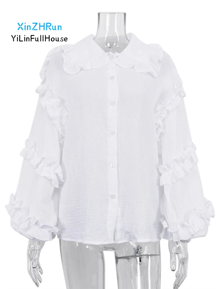 New Women Fashion  Elegant Doll Neck Palace Lantern Sleeves Single Breasted Women's Long Sleeved Solid Color Casual Cotton Shirt