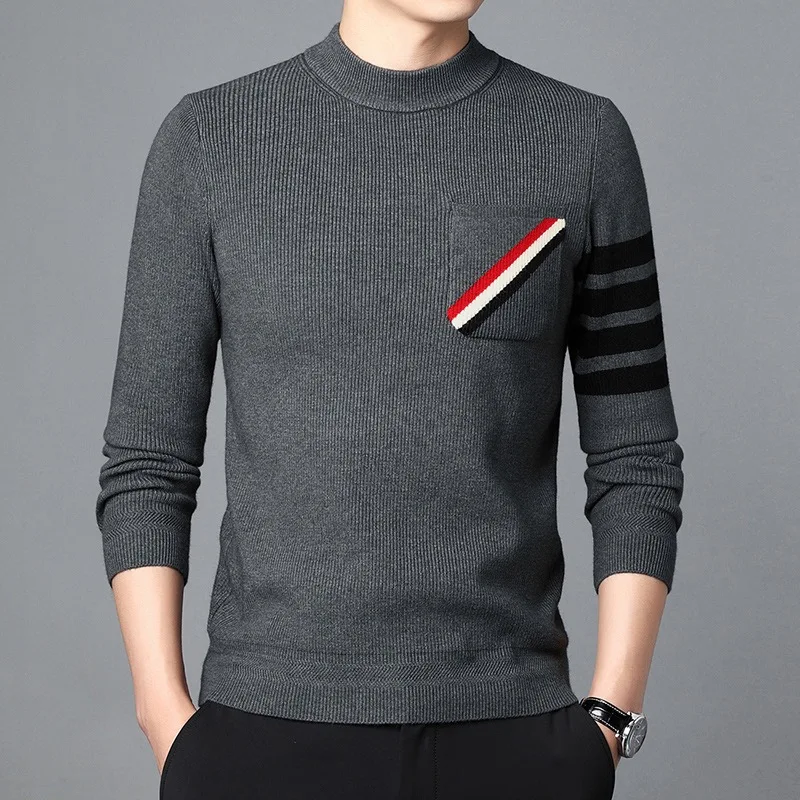 Luxury Brand Fashion Stripe Crew Neck Sweater Men's Autumn and Winter New Pocket Color Contrast Korean Casual Knit Pullover men