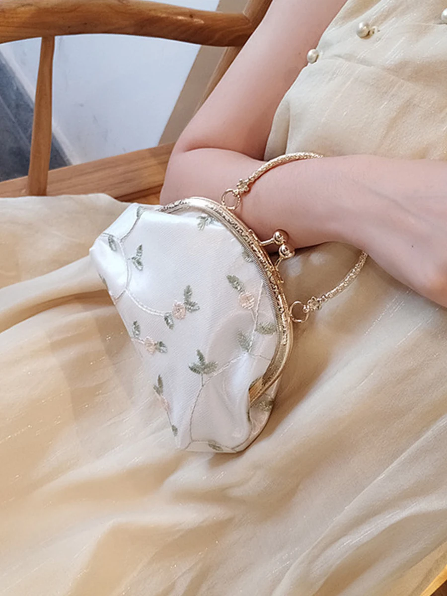 Floral Embroidery Event Clutch Bag Kiss Lock Purse Metal Chain