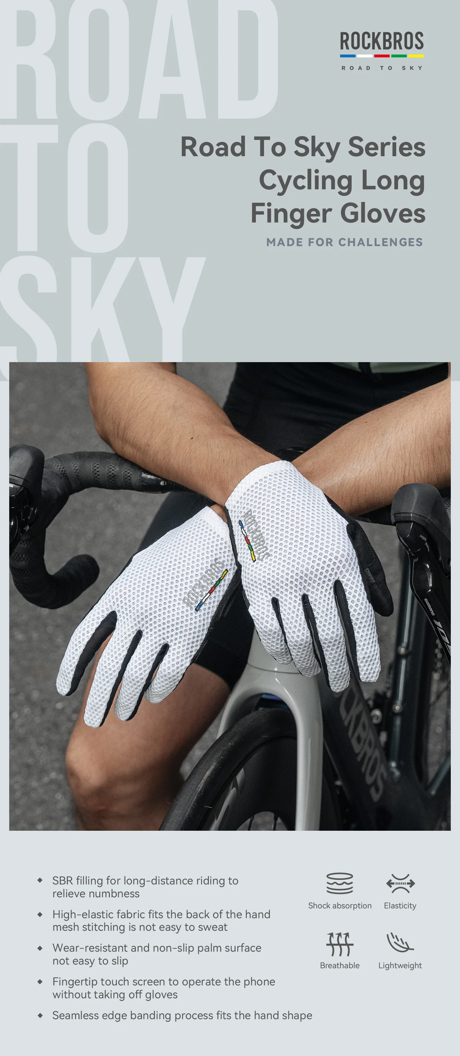 ROCKBROS ROAD TO SKY Fahrradhandschuhe mit Vollfinger-Design, Rutschfeste MTB- und Rennrad-Handschuhe, Touchscreen-fähig, Atmungsaktiv, Stoßdämpfend – Detail 1