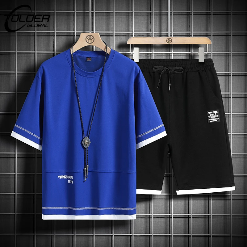 

Men T-shirt + Shorts Set Two Piece Harajuku Print Fashion Summer Sport Tracksuit Streetwear Breathable Short Sleeve Men Clothing