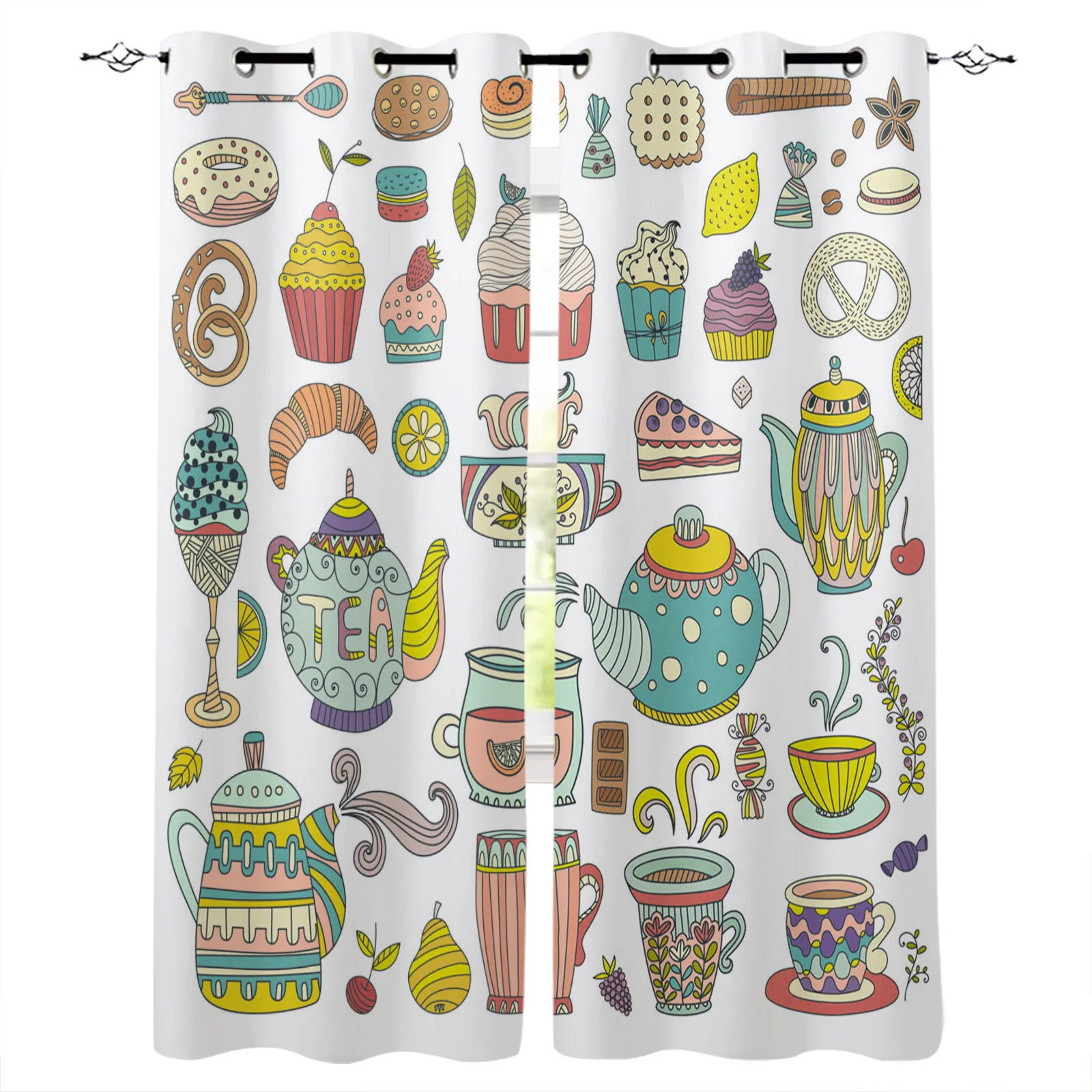 

Teapot Pastry Fruit Teacup Flowers Blackout Curtains Window Curtains for Bedroom Living Room Decor Window Treatments
