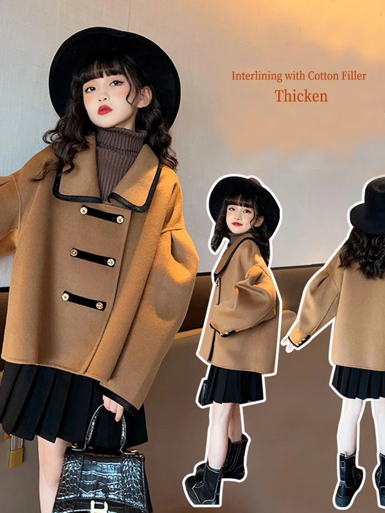 

Children's Brown short-style tweeds overcoat girls autumn and winter thickened cotton woolen duster girls western-style winter