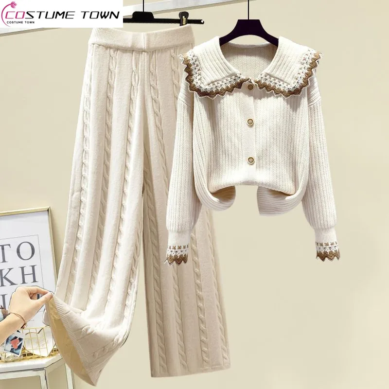 Large Women's Autumn and Winter Set 2023 New Doll Neck Knitted Sweater Slim Casual Wide Leg Pants Two Piece Set