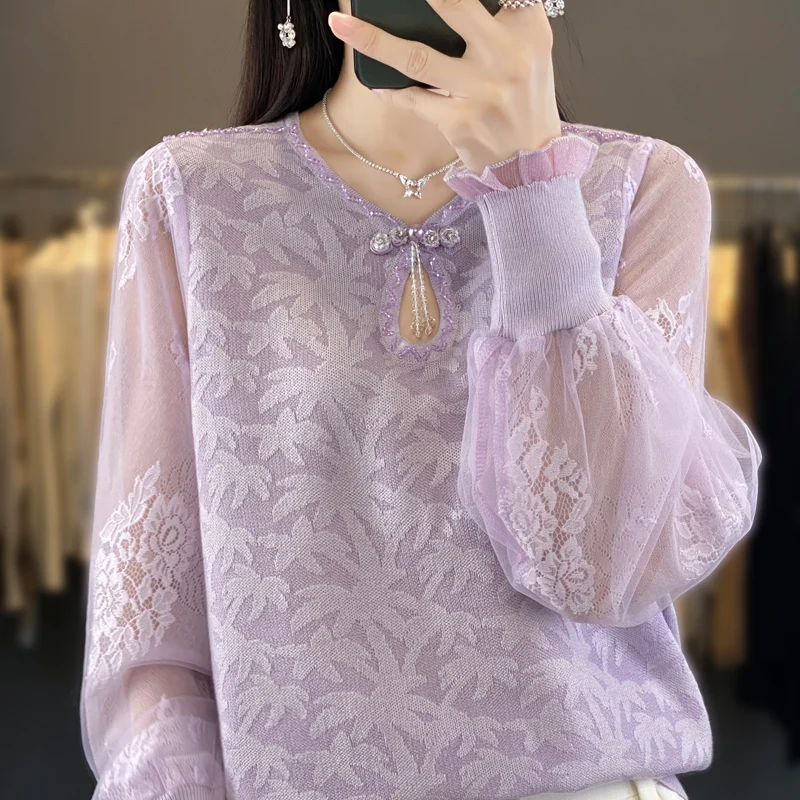 

RONGYI 2024 Luxury Women's Spring And Autumn New Lace-Studded Wool V-Neck Pullover Knitted Bottoming Shirt Solid Color Top