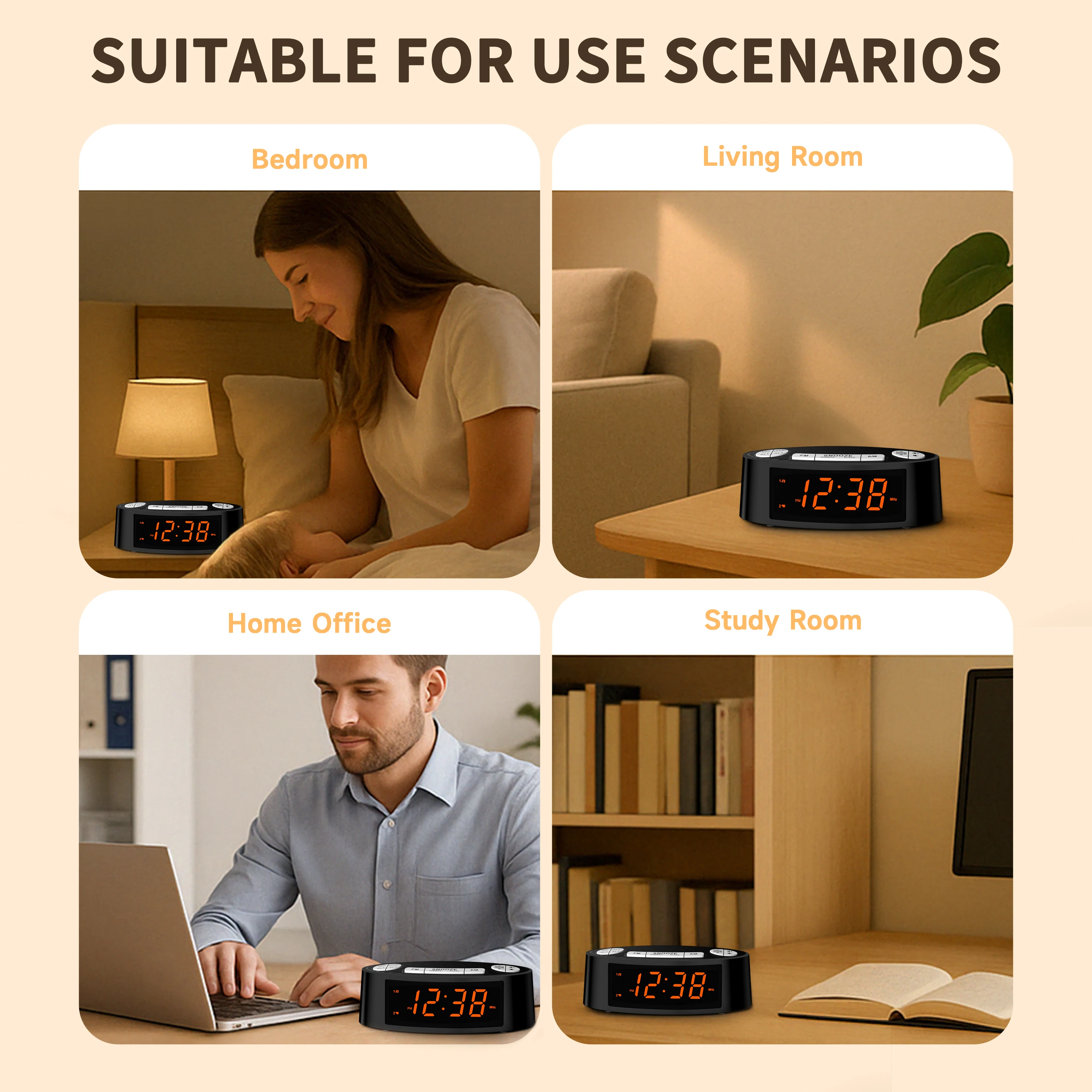 AM/FM Alarm Clock Radio with Dual Alarm Sleep Timer & Snooze Functions Orange LED Display 4-Level Dimming Option iTOMA CKS3301U 4