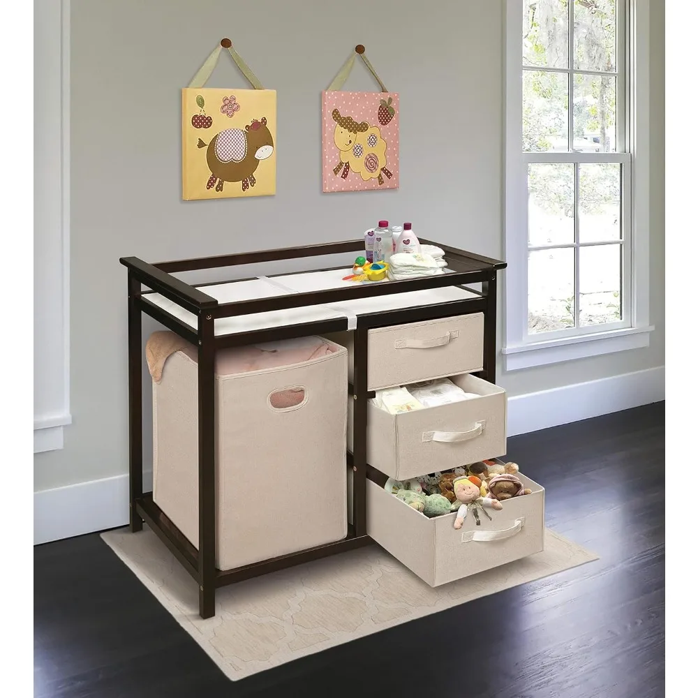 Modern Baby Changing Table with Laundry Hamper, 3 Storage Drawers and Pad, Diaper Change Station-Espresso/Ecru