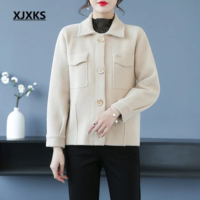 

XJXKS 2022 Autumn Winter New Fashion Lapel Long-sleeved Women's Tweed Coat Loose Comfortable Solid Color Hundred Jackets