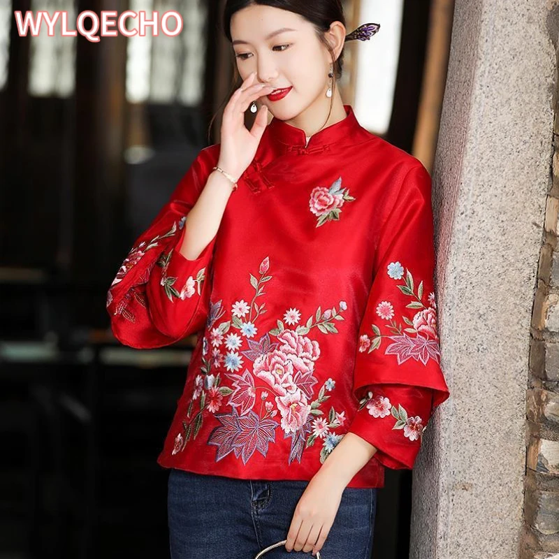 Autumn Ethnic Style Tang Suit Coat Vintage Harajuku Embroidery Chinese Tops Women Large Size Blouse Elegant Loose Female Shirt