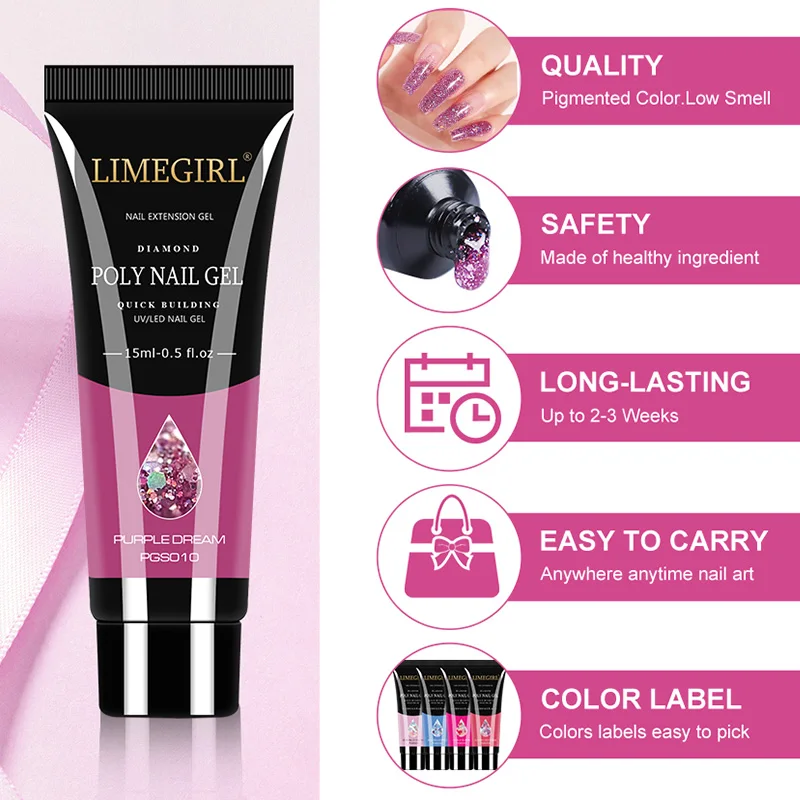 LIMEGIRL 15ml Nail Extension Gel Set with UV LED Light Nail Thickening Sequin Glitter Gel Set Vernis Semi-Permanent Manicure Kit 2